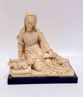 Madonna and Baby Jesus Alabaster Sculpture Figure Marble Base 7 1/2" Tall