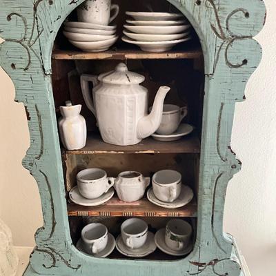 UBA1257 Vintage Blue Painted Childs Wall Shelf with Doll Dishes and Glass Bunny Jar