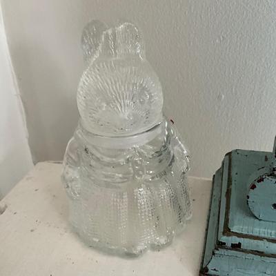 UBA1257 Vintage Blue Painted Childs Wall Shelf with Doll Dishes and Glass Bunny Jar