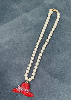 Red Hat Society Pendant on Faux Pearl Necklace