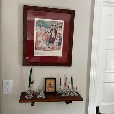 UBA1261 Vintage Yankee Doodle Framed Print with Wall Shelf and Mini Glass Candlesticks