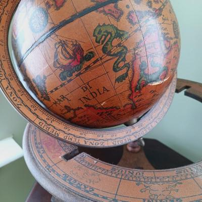 LOT 13: Old World Globe Made in Italy, Pottery Owl, Vintage Magnetic Travel Chess Set & Octogonal Side Table