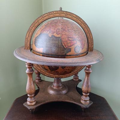 LOT 13: Old World Globe Made in Italy, Pottery Owl, Vintage Magnetic Travel Chess Set & Octogonal Side Table