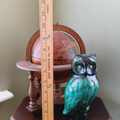 LOT 13: Old World Globe Made in Italy, Pottery Owl, Vintage Magnetic Travel Chess Set & Octogonal Side Table