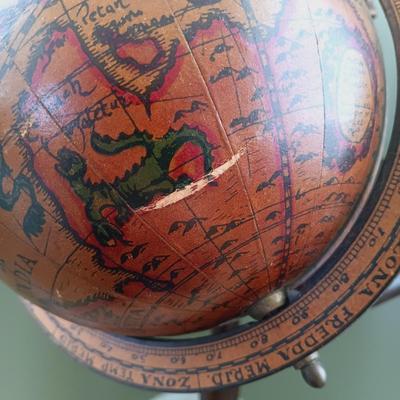 LOT 13: Old World Globe Made in Italy, Pottery Owl, Vintage Magnetic Travel Chess Set & Octogonal Side Table