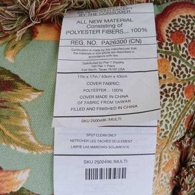 LOT 15: Wicker Chair with Pier 1 Imports Throw Pillows and American Outdoor Products Seat Cushions