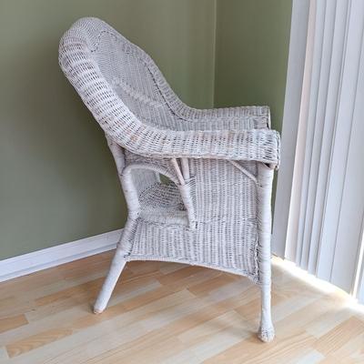 LOT 15: Wicker Chair with Pier 1 Imports Throw Pillows and American Outdoor Products Seat Cushions