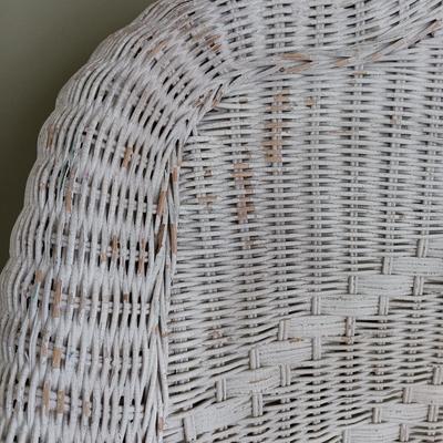 LOT 15: Wicker Chair with Pier 1 Imports Throw Pillows and American Outdoor Products Seat Cushions