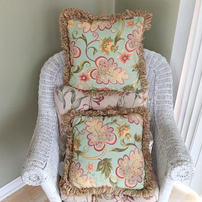 LOT 15: Wicker Chair with Pier 1 Imports Throw Pillows and American Outdoor Products Seat Cushions