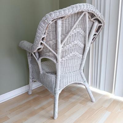 LOT 15: Wicker Chair with Pier 1 Imports Throw Pillows and American Outdoor Products Seat Cushions