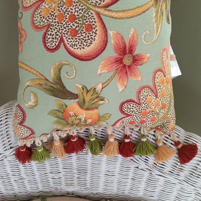 LOT 15: Wicker Chair with Pier 1 Imports Throw Pillows and American Outdoor Products Seat Cushions