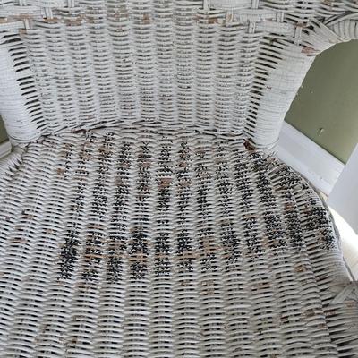 LOT 15: Wicker Chair with Pier 1 Imports Throw Pillows and American Outdoor Products Seat Cushions