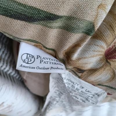 LOT 15: Wicker Chair with Pier 1 Imports Throw Pillows and American Outdoor Products Seat Cushions