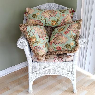 LOT 15: Wicker Chair with Pier 1 Imports Throw Pillows and American Outdoor Products Seat Cushions