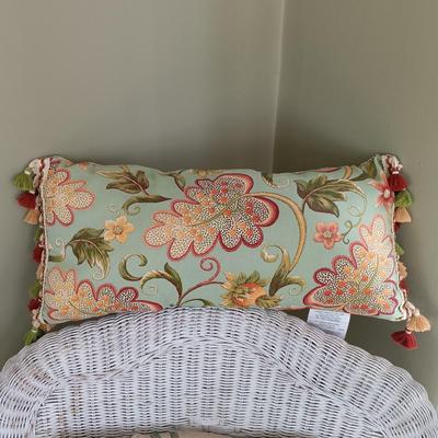 LOT 15: Wicker Chair with Pier 1 Imports Throw Pillows and American Outdoor Products Seat Cushions