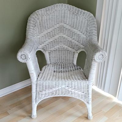 LOT 15: Wicker Chair with Pier 1 Imports Throw Pillows and American Outdoor Products Seat Cushions