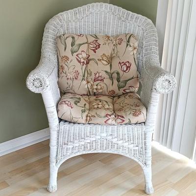 LOT 15: Wicker Chair with Pier 1 Imports Throw Pillows and American Outdoor Products Seat Cushions