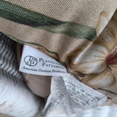 LOT 15: Wicker Chair with Pier 1 Imports Throw Pillows and American Outdoor Products Seat Cushions
