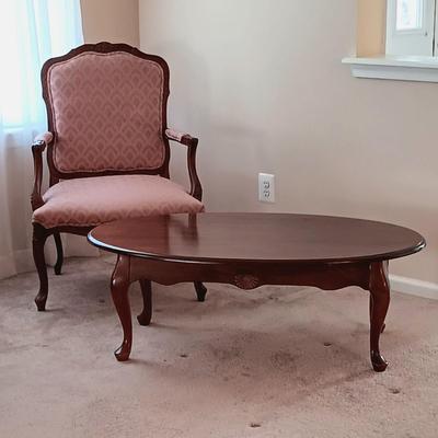 LOT 27: French Provincial-Style Armchair with Wood Coffee Table