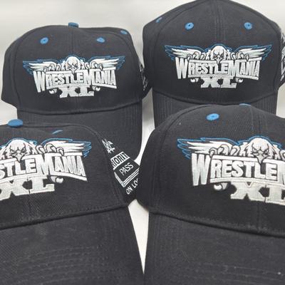 LOT 13: "Are You Ready to Rumble??" Four WrestleMania Priority Hats and Three Clear Tote Bags NWT