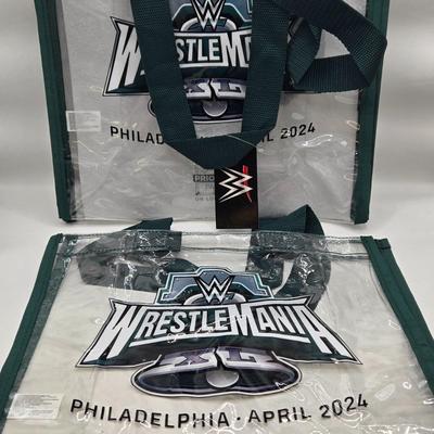 LOT 13: "Are You Ready to Rumble??" Four WrestleMania Priority Hats and Three Clear Tote Bags NWT