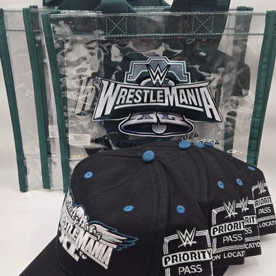 LOT 13: "Are You Ready to Rumble??" Four WrestleMania Priority Hats and Three Clear Tote Bags NWT
