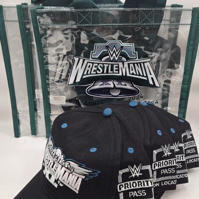 LOT 13: "Are You Ready to Rumble??" Four WrestleMania Priority Hats and Three Clear Tote Bags NWT