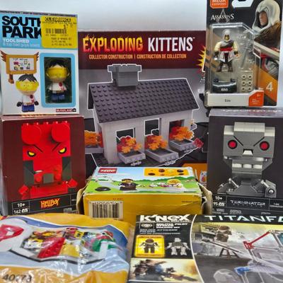 LOT 35: Various Block Building Toys Including Exploding Kittens and More NIB