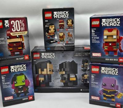 LOT 36: Lego Brick Headz Including Justice League Batman and Superman, Wonder Woman, The Flash, and More NIB