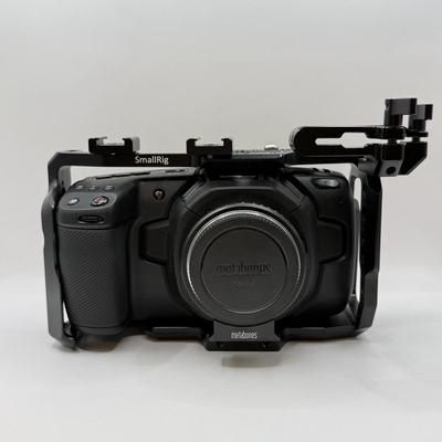 LOT 53: BlackMagic Design Pocket Cinema Camera 209-J00204 4k Video Camera, SmallRig Camera Cage & Metabones N/F-MFT Mount Speed...