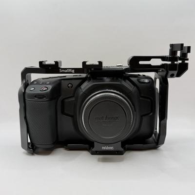 LOT 53: BlackMagic Design Pocket Cinema Camera 209-J00204 4k Video Camera, SmallRig Camera Cage & Metabones N/F-MFT Mount Speed...