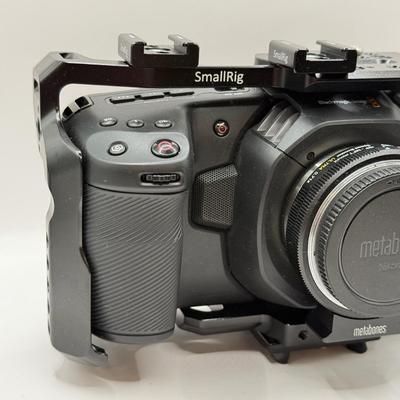 LOT 54: BlackMagic Design Pocket Cinema Camera 209-J00204 4k Video Camera, SmallRig Camera Cage & Metabones N/F-MFT Mount Speed...