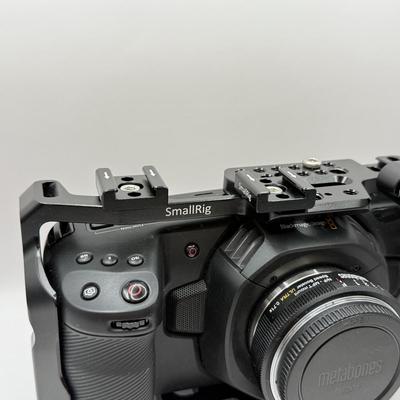 LOT 54: BlackMagic Design Pocket Cinema Camera 209-J00204 4k Video Camera, SmallRig Camera Cage & Metabones N/F-MFT Mount Speed...