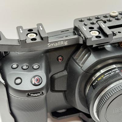 LOT 54: BlackMagic Design Pocket Cinema Camera 209-J00204 4k Video Camera, SmallRig Camera Cage & Metabones N/F-MFT Mount Speed...