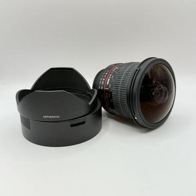 LOT 56: Rokinon 8mm 1:3.5 f/3.5 Fisheye CSII Lens w/ Hood (for Nikon Cameras)