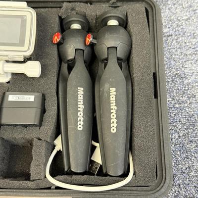 LOT 92: 2 Yi 4k Action Cameras Model YAS.1616.INT, 2 Sony Exmor R SteadyShot HDR-AS20 Cameras w/ Case & 2 Mini Manfrotto Tripods
