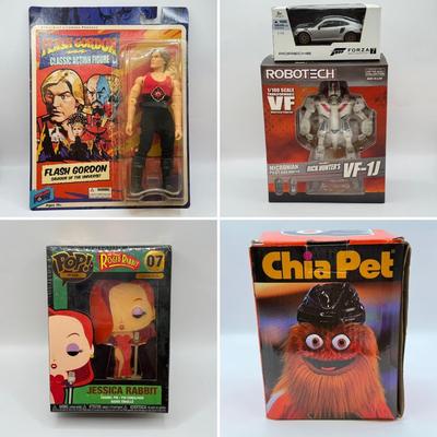 LOT 93: Flash Gordon Classic Action Figure, Gritty Chia Pet, Pop! Jessica Rabbit Giant Enamel Pin, Robotech VF-11 & More
