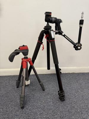 LOT 100: Manfrotto Compact Action Tripod & Tripod w/ Attachments w/ Accessories: Vanguard GH-100 Fluid Head
