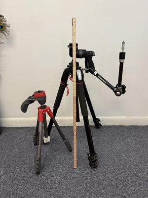 LOT 100: Manfrotto Compact Action Tripod & Tripod w/ Attachments w/ Accessories: Vanguard GH-100 Fluid Head