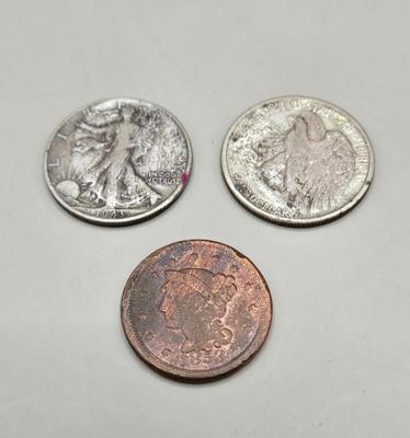 LOT 213J: Two 90% Silver Walking Liberty Half Dollars - 1941 and 1943 + 1853 Large Cent Coin
