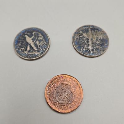 LOT 213J: Two 90% Silver Walking Liberty Half Dollars - 1941 and 1943 + 1853 Large Cent Coin