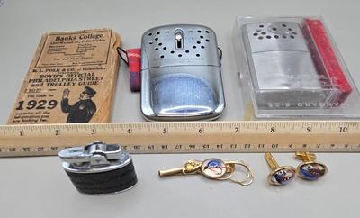 LOT 215J: Philadelphia Street and Trolly Guide for 1929, Jon-e Warmer, Fishing Pole Tie Pin with Matching Cuff Links, and More