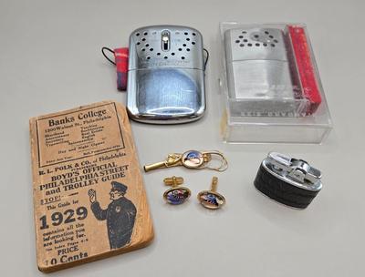 LOT 215J: Philadelphia Street and Trolly Guide for 1929, Jon-e Warmer, Fishing Pole Tie Pin with Matching Cuff Links, and More