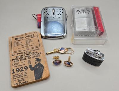 LOT 215J: Philadelphia Street and Trolly Guide for 1929, Jon-e Warmer, Fishing Pole Tie Pin with Matching Cuff Links, and More
