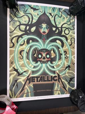 LOT 224: Metallica - Two 17" x 22" Poster Prints by Tara McPherson + Guitar Pick - from 2018 show in Philadelphia
