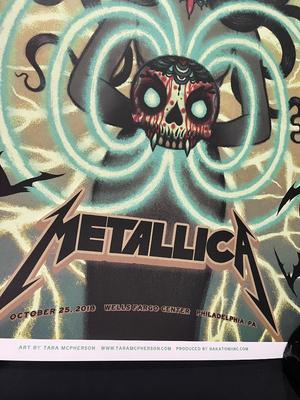 LOT 224: Metallica - Two 17" x 22" Poster Prints by Tara McPherson + Guitar Pick - from 2018 show in Philadelphia
