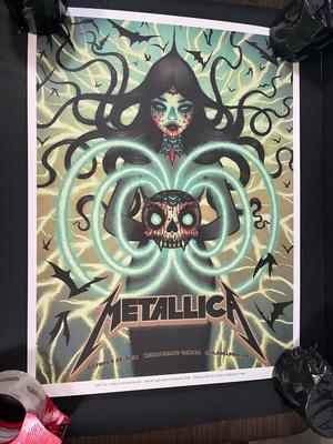 LOT 224: Metallica - Two 17" x 22" Poster Prints by Tara McPherson + Guitar Pick - from 2018 show in Philadelphia