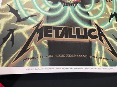 LOT 224: Metallica - Two 17" x 22" Poster Prints by Tara McPherson + Guitar Pick - from 2018 show in Philadelphia