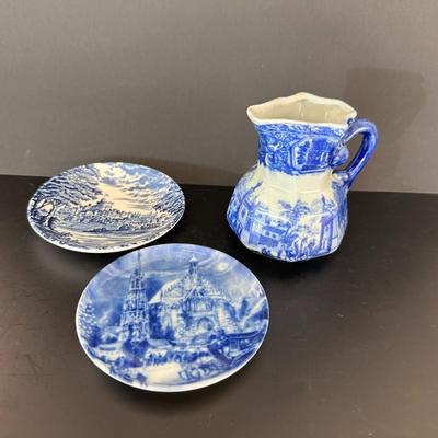 Victoria Ware Ironstone Blue Pitcher set with two plates