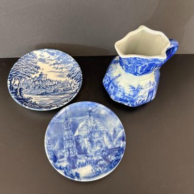 Victoria Ware Ironstone Blue Pitcher set with two plates